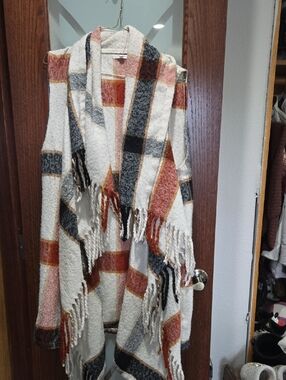 Maurices Cream Plaid Fringe Poncho with Rust & Charcoal Accents
